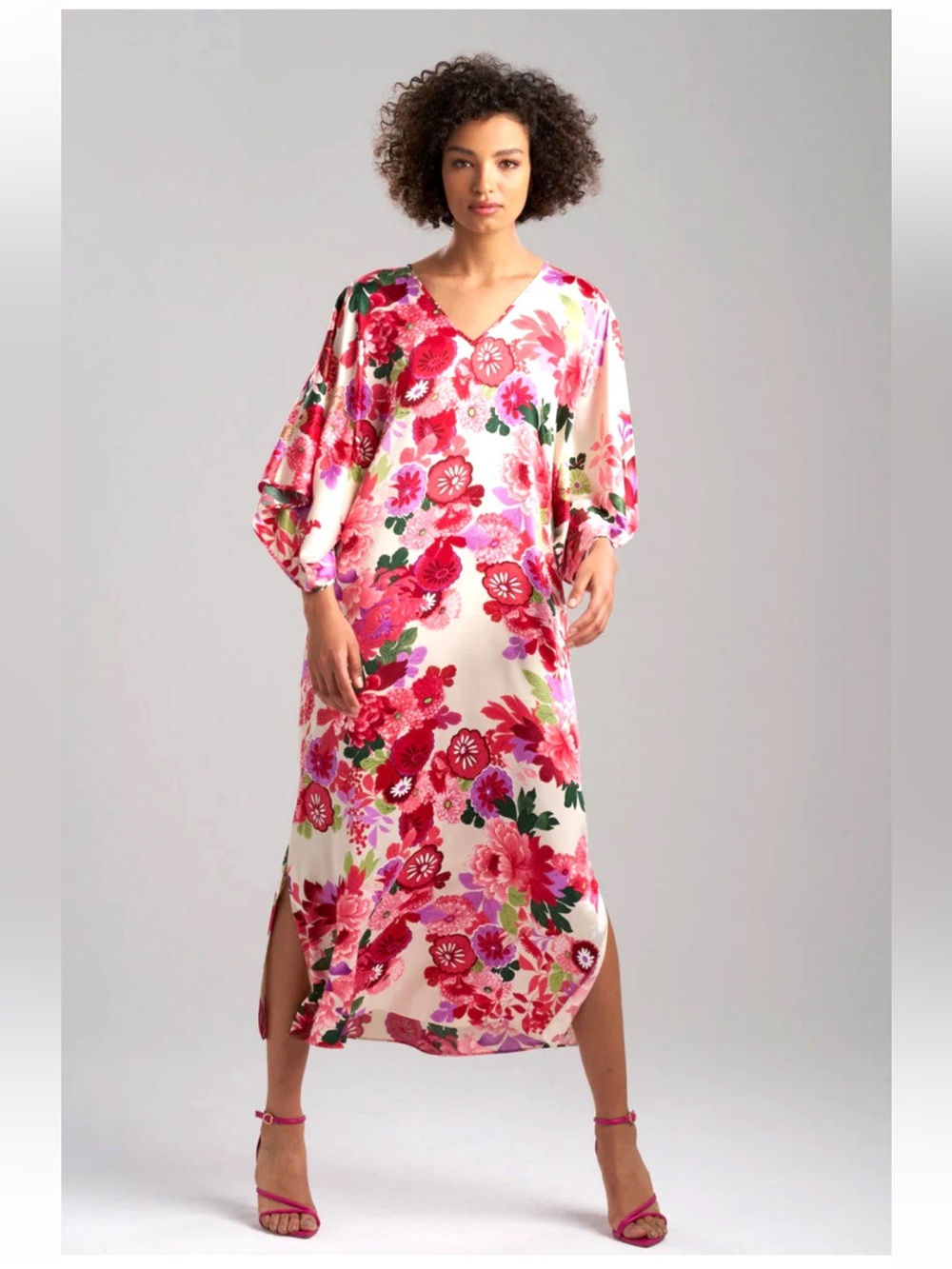 Natori SOFIA Champagne Mandarin SATIN Long Caftan Dress L Showa Retro Boho